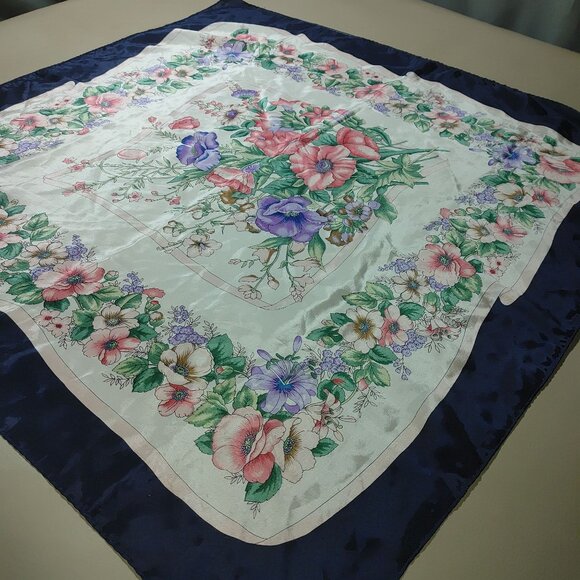Flowers Floral Print Satin Square Scarf 30 by 30 Navy Border Bow Design - Picture 11 of 12